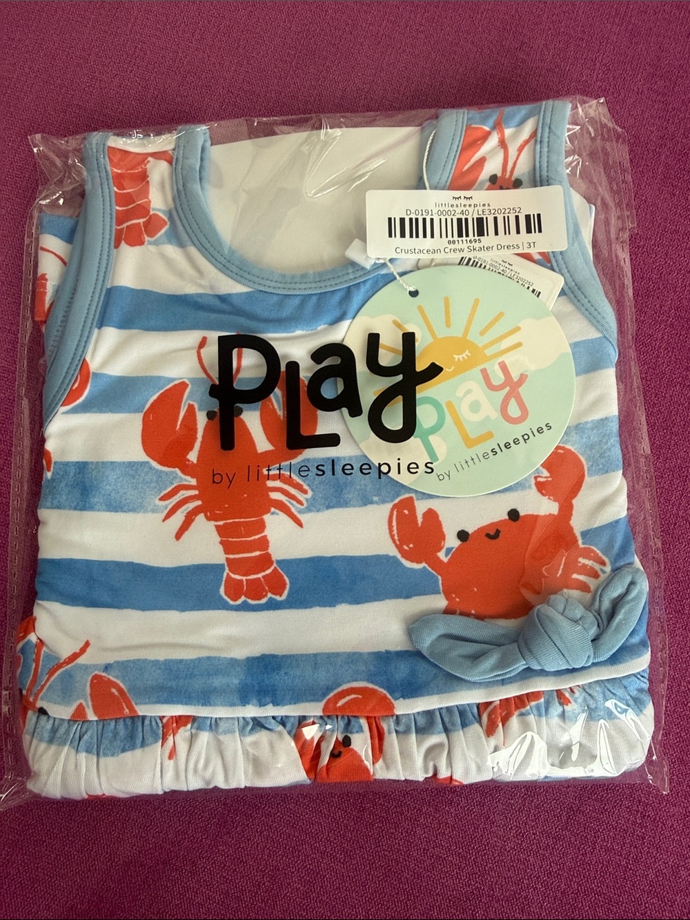 Little Sleepies Blue & White Striped Skater Dress with Red Crab & Lobster Print